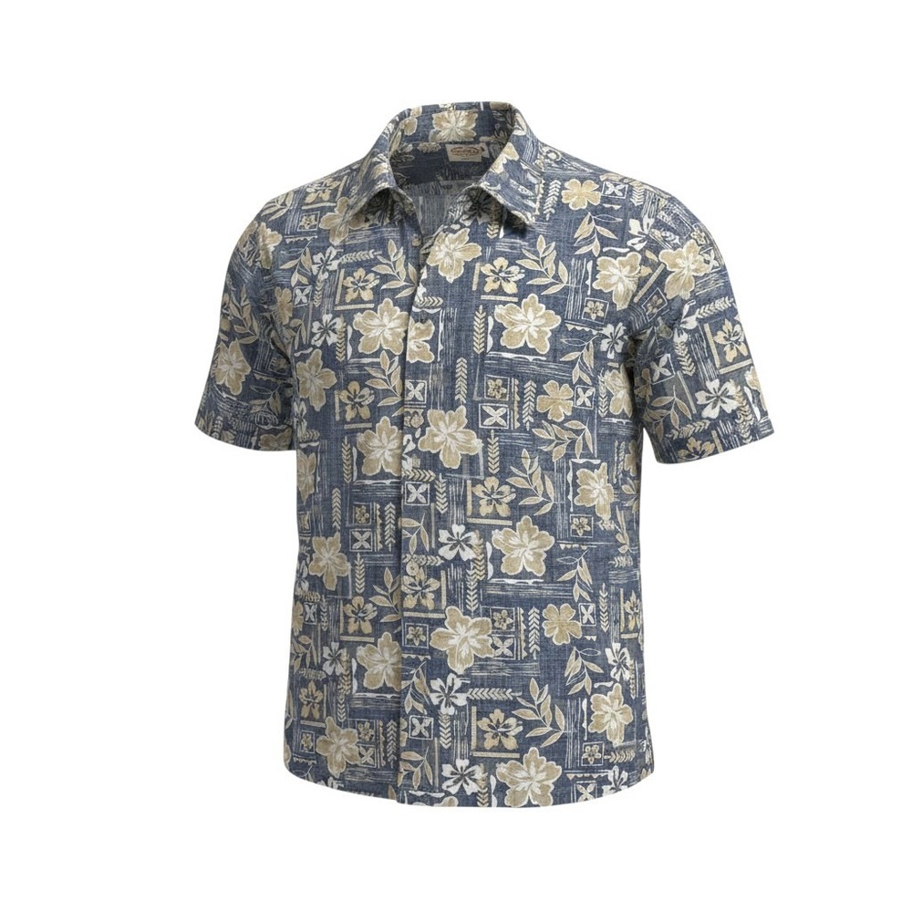 Go Barefoot Hawaiian Shirt L Blue Floral Tapa Print Cotton Made in USA Aloha